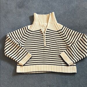 Striped Half-Zip Ribbed Turtleneck Sweater - Cream & Navy Blue